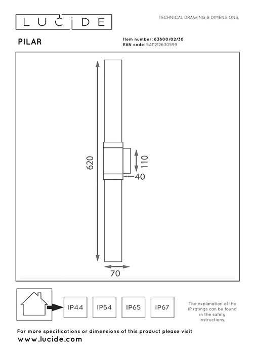 Lucide PILAR - Wall light Indoor/Outdoor - 2xE27 - IP54 - Black | Essential - technical